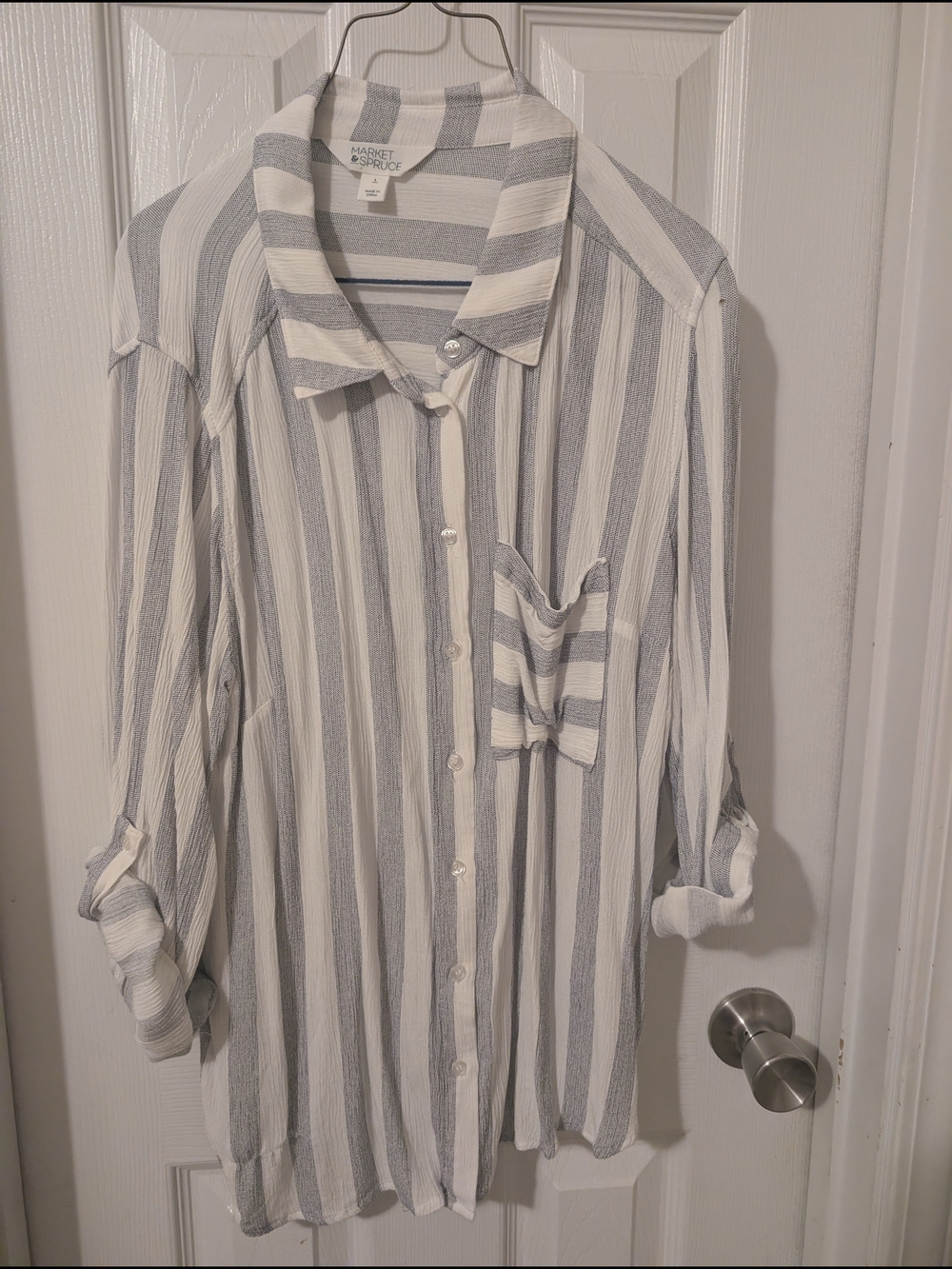 Market & Spruce White and Gray Vertical Stripe Long Sleeve Shirt Dress